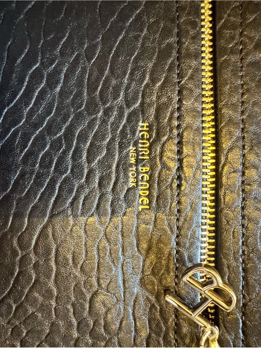 Henri Bendel Black Textured Leather zip pouch with gold hardware